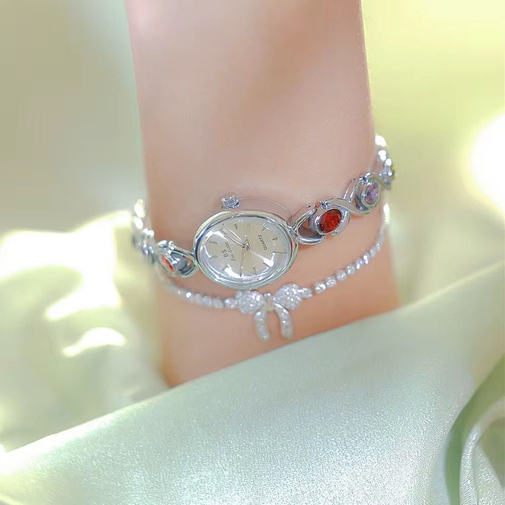 Sliver and Red stone Vintage Watch for Ladies