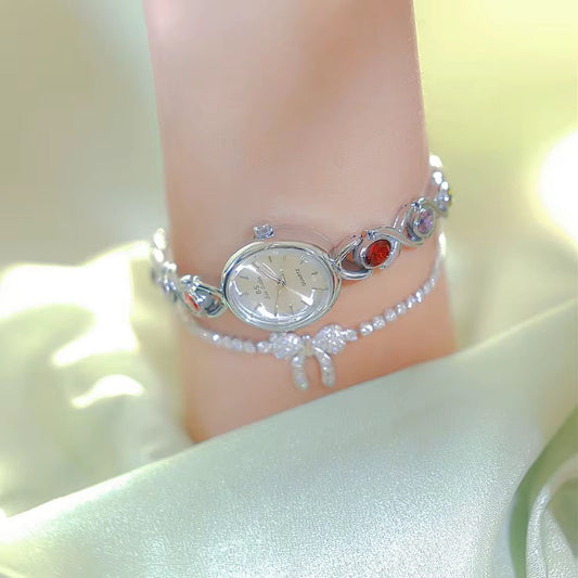 Sliver and Red stone Vintage Watch for Ladies